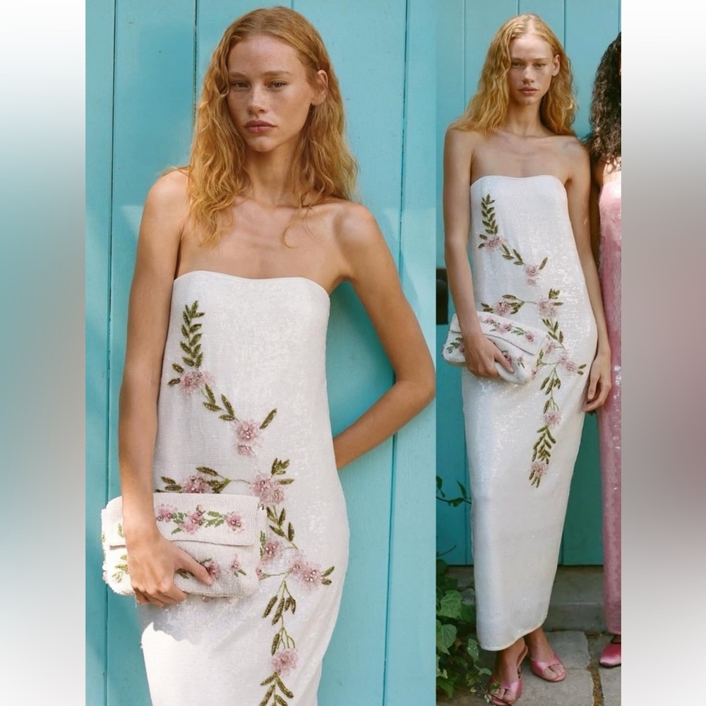 STAUD Casey Floral Embroidered Dress in Magnolia White Strapless Sequin Bridal